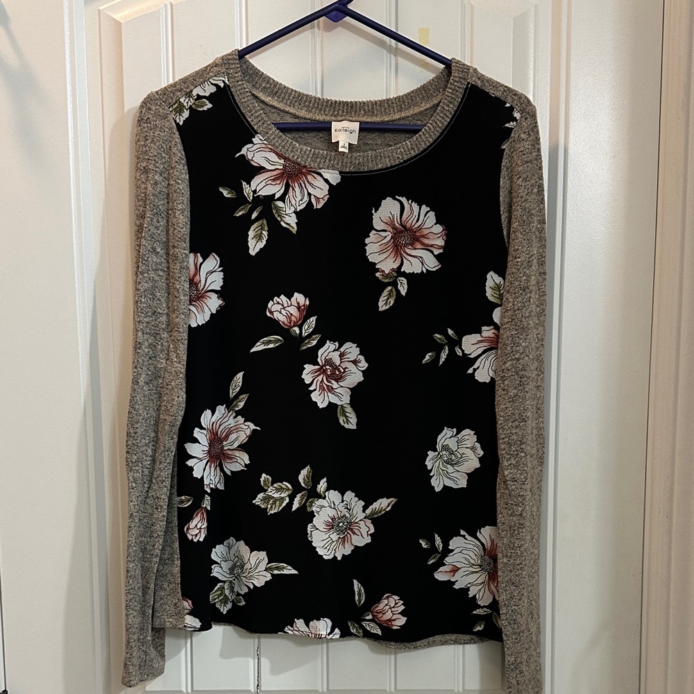 Kaileigh Black Floral Blouse with Gray Sleeves